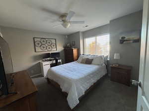 Bedroom featuring dark carpet and ceiling fan