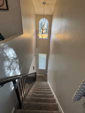 Stairs featuring a towering ceiling, carpet floors, and a chandelier