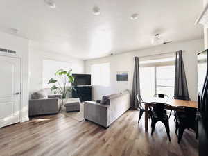 Living room with light wood LVP finished floors