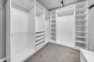 Walk in closet featuring light colored carpet