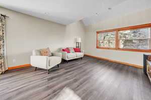Living area with lofted ceiling and wood finished floors