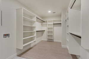 Spacious closet featuring light colored carpet