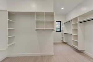 Spacious closet with light carpet