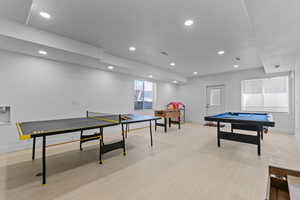 Rec room featuring recessed lighting, pool table, and light wood-type flooring