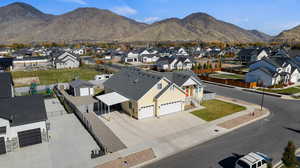 Aerial perspective of suburban area with mountains