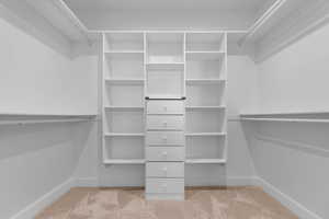 Walk in closet with light colored carpet