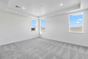 Spare room featuring a tray ceiling, carpet flooring, and recessed lighting