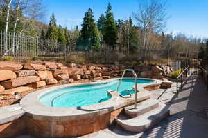 View of swimming pool featuring a fenced backyard, a patio, and a hot tub