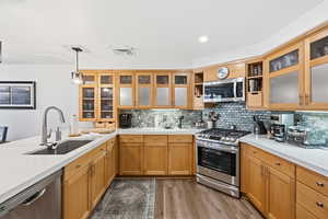 Kitchen with stainless steel appliances, decorative light fixtures, light wood-type flooring, tasteful backsplash, and recessed lighting