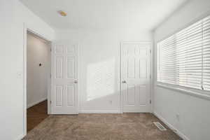 Unfurnished bedroom featuring carpet and a closet