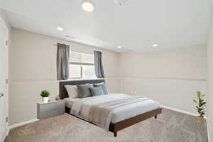Basement Bedroom featuring carpet floors and recessed lighting