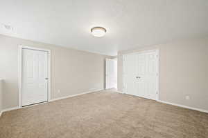 Unfurnished bedroom featuring carpet, a textured ceiling, and a closet