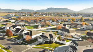 Aerial perspective of suburban area with mountains