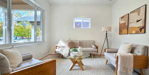 Living area featuring baseboards and carpet