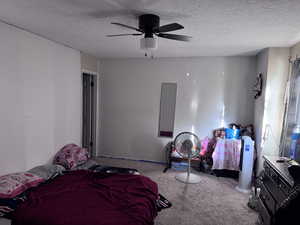 Carpeted bedroom with a textured ceiling and ceiling fan