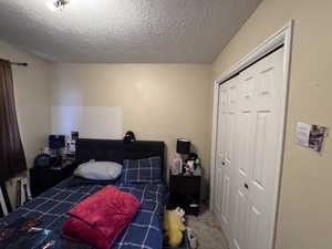 Carpeted bedroom with a closet and a textured ceiling