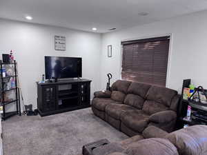 Carpeted living area with a textured ceiling and recessed lighting