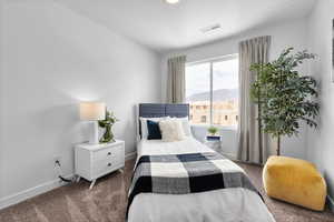 Carpeted bedroom featuring baseboards and a mountain view