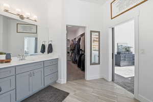 Bathroom featuring vanity, a walk in closet, light colored carpet, and tile floors