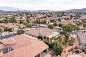 Aerial view of residential area with mountains