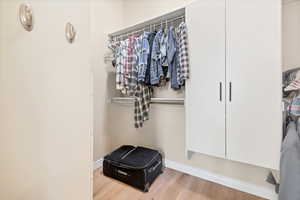 Walk in closet with light wood-type flooring