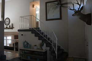 Stairway with healthy amount of natural light and a ceiling fan