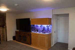 Living room with a textured ceiling, light colored carpet, and a brick fireplace