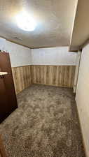 Unfurnished room with a textured ceiling, dark carpet, wood walls, and wainscoting
