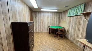 Recreation room with wooden walls and baseboards