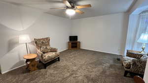 Living area featuring carpet and a ceiling fan