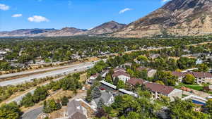 Aerial view of residential area with mountains