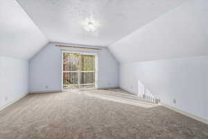 Primary Bedroom with lofted ceiling, carpet flooring, and a textured ceiling