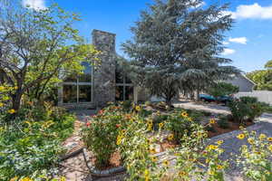 Rear view of property featuring a chimney, a patio, and stone siding