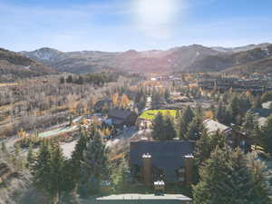 Aerial view of property's location with a mountain backdrop and a tree filled landscape
