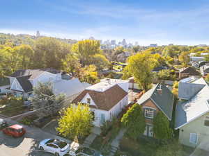 Aerial perspective of suburban area with city skyline