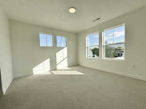 Carpeted empty room with baseboards and a textured ceiling