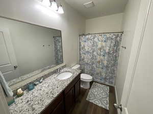 Bathroom featuring dark wood-type flooring, a shower with curtain, and vanity