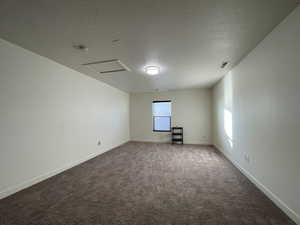 Carpeted empty room with attic access and a textured ceiling