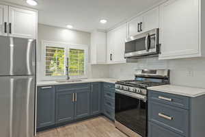 Kitchen featuring stainless steel appliances, white cabinetry, decorative backsplash, light wood finished floors, and recessed lighting