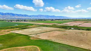 View of mountain background featuring rows of crops and rural landscape