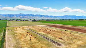 Overview of farmland, pasture and mountain views