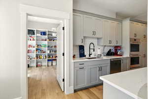 Prep-Kitchen with decorative backsplash, light wood-style flooring, gray cabinets, appliances with stainless steel finishes, and light stone counters