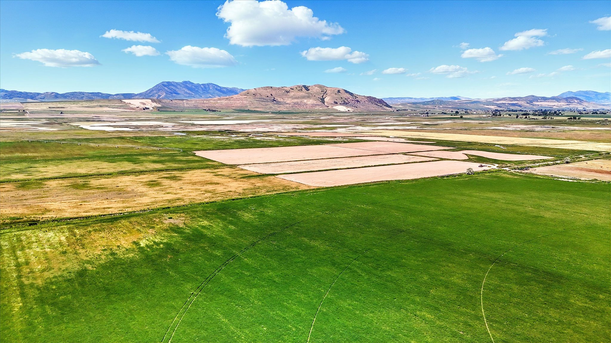 Overview of rural landscape with extensive farmland and a mountainous background
