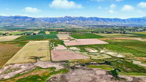 Overview of rural landscape with rows of crops and a mountainous background