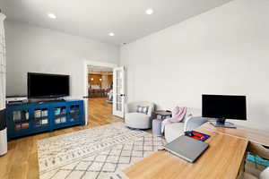 Office featuring recessed lighting, light wood-type flooring, and french doors
