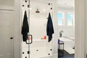 Bathroom with a freestanding tub, a shower stall, tile patterned flooring, and tile walls