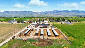 Overview of barnyard with mountain views