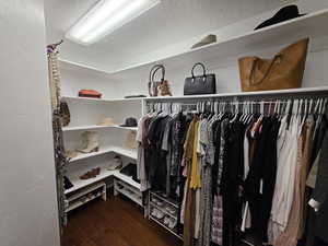 Walk in closet featuring dark wood-style flooring