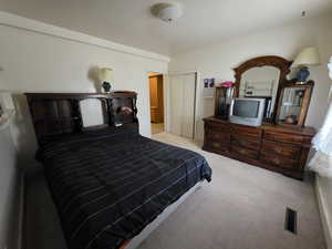 Bedroom with a closet and light carpet