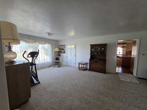 Exercise area with light colored carpet and a textured ceiling